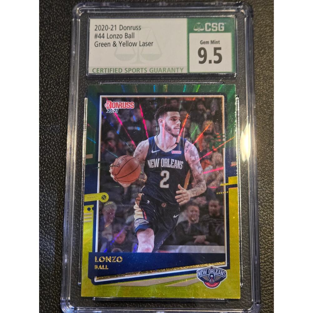 2020-21 Donruss #44 Lonzo Ball Holo Green and Yellow Laser CSG 9.5